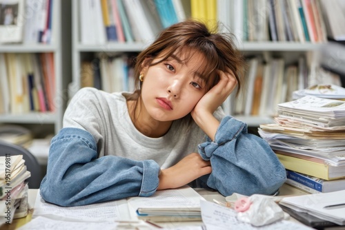 Overwhelmed Asian Woman Student Studying at Desk with Books in Library, Feeling Stressed and Tired