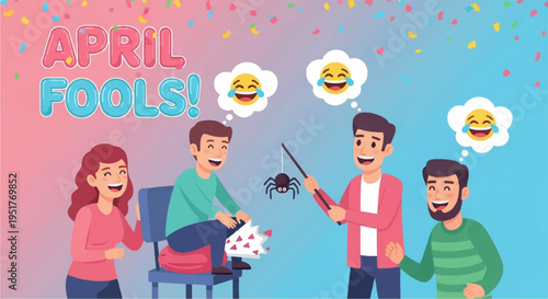 Group of friends pranking each other on april fools' day with funny expressions and reactions