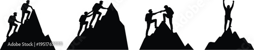 Hikers climbing mountain silhouettes set showing teamwork, helping hand and success on summit isolated on white background, adventure and achievement concept