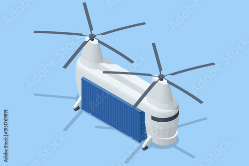 Isometric cargo drone with twin rotor heavy lift aircraft carrying a blue shipping container. Autonomous freight delivery, industrial transport, logistics innovation, warehouse supply, air cargo