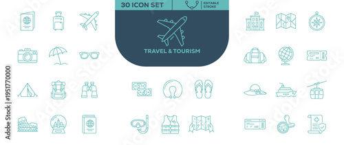 Travel and Tourism Line Icons Set – Vacation, Trip and Adventure Vector Icons