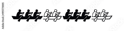 Four People Team Rowing Icon Set, Synchronized Boating Symbol, Collaborative Effort Pictogram Collection