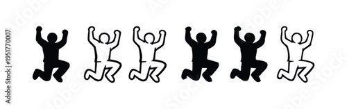 Jumping happy people stick figure icon set. Human silhouette with raised hands celebrating success.