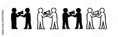 People with megaphone icon set. Announcer and audience communication symbol.