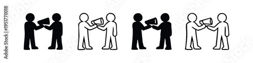 People communicating with megaphone icon set. Public announcement and interaction symbol.