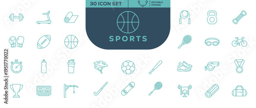 Sports Line Icons Set – Editable Stroke Fitness and Game Equipment Collection