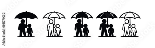 Parent and child under umbrella icon set. Family protection and care symbol.