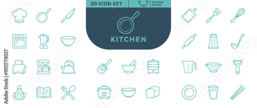 Kitchen Line Icon Set – Cooking Utensils and Appliances Vector Collection