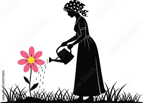 Woman watering flower silhouette, gardening activity with watering can, nurturing plant growth in garden, nature care concept vector illustration design