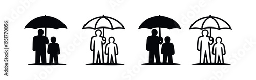 Adult and child under umbrella icon set. Symbolizing family protection and care.
