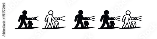 Parent and child with flashlight icon set. Guiding light and safety symbol.
