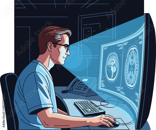 Man in Glasses Analyzing Brain Scans on Futuristic Computer Screen.