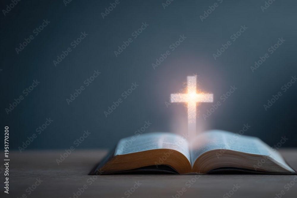 Naklejka premium Open bible glowing cross spiritual faith illuminated book with radiant cross rising above pages devotional concept of hope and grace