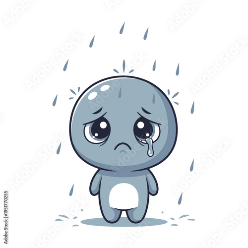 Sad Cartoon Character Crying in the Rain, Emotional Distress