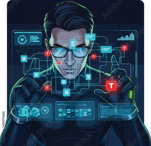 Man in Glasses Interacting with Futuristic Digital Interface.