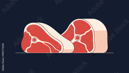 Two pieces of fresh raw red meat with bone and fat marbling are shown against a dark blue background in a flat design.