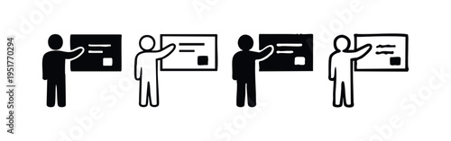 Person presenting or teaching icon set. Black and white vector illustrations of lecturer, speaker, or instructor.