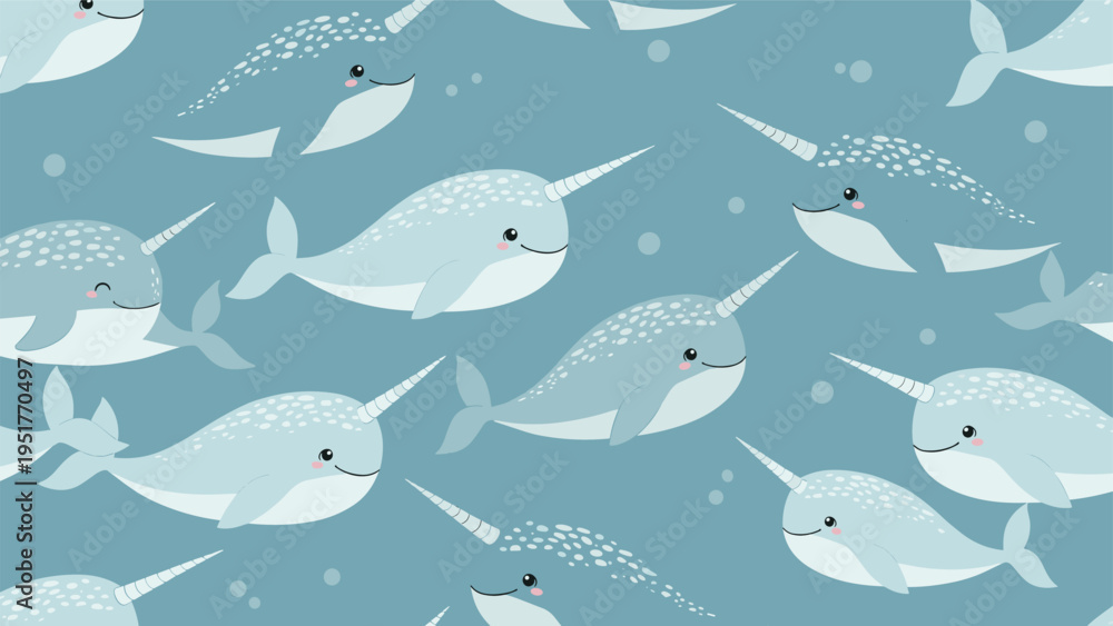 Obraz premium Adorable seamless pattern shows many light blue cartoon narwhals with long tusks swimming peacefully on a darker blue background with bubbles.
