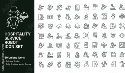 Hospitality service robot icon set with smart assistant automation technology symbols for hotels restaurants and digital platforms