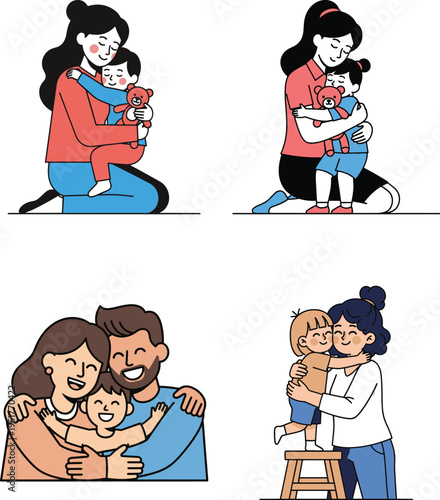 Set of four family scenes featuring mothers and fathers hugging their happy kids