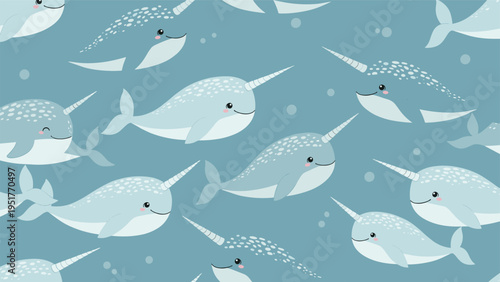 Adorable seamless pattern shows many light blue cartoon narwhals with long tusks swimming peacefully on a darker blue background with bubbles.