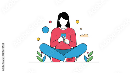 Woman sitting on the floor in a cross-legged position uses her smartphone surrounded by abstract colorful shapes and plants.