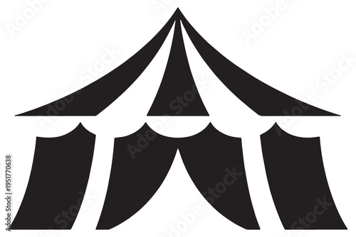 A black and white illustration of a circus tent on a plain background