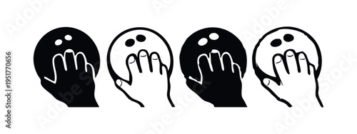 Hand gripping bowling ball icon set. Bowling game, sports equipment, and leisure activity symbols in solid and outline vector styles.