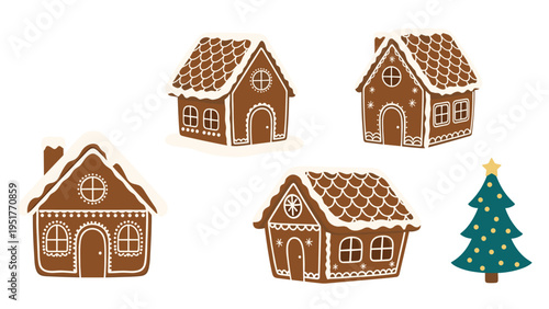 Set of festive gingerbread houses with white icing details and a small green Christmas tree are illustrated on a white background.
