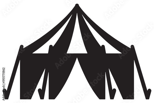 A black silhouette of a large tent with multiple poles and stakes