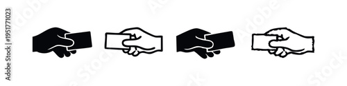 Hand holding a card icon set, featuring solid and outline styles.