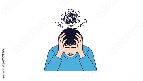 Distressed man suffering from intense stress and headache holds his head with a scribble cloud above him in a blue shirt.