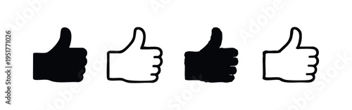 Thumbs up gesture icon set, black and outline versions with hand-drawn style.