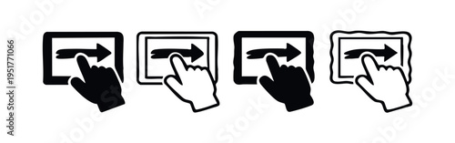 Hand swiping right on a touchscreen or tablet icon set, featuring solid and outline styles.