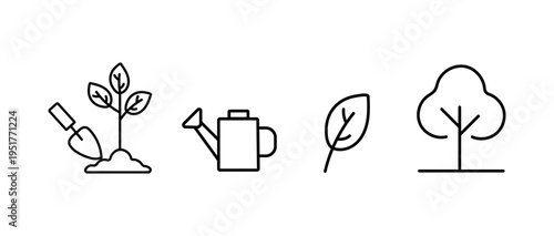Gardening process icon set. Planet growth, watering can, leaf, tree icon set. eco nature gardening symbol png and vector illustration on transparent background