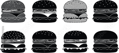 Set of black burger silhouettes featuring cheeseburgers hamburgers with sesame buns lettuce tomatoes and cheese in various flat vector styles,
