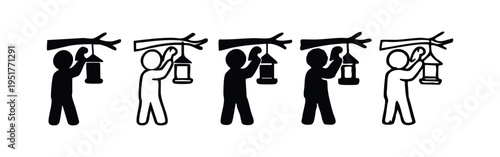 Hanging a Lantern on a Branch Icon Set | Silhouette and Outline Vector Illustration