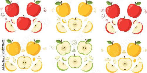 Apple Illustration Set with Red, Yellow and Green Fruits, Whole and Sliced Pieces Collection for Healthy Food Design, Fresh Organic Fruit Vector Elements