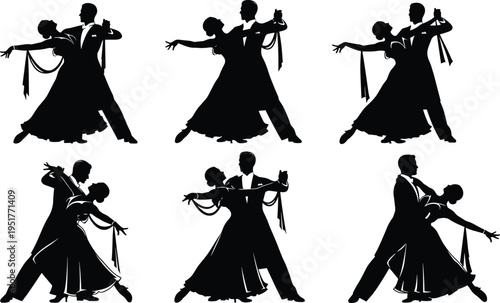 Ballroom dance silhouettes set, elegant couple performing waltz dance poses, classic romantic performance, partner dancing vector illustration collection