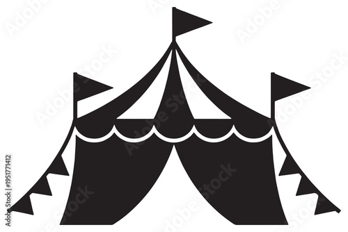 A black and white illustration of a circus tent with flags