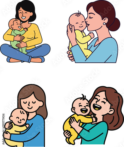 Tender moments of mothers and babies hugging in colorful flat vector art style