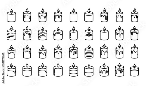 Birthday Cake Icons Set Featuring Various Layered Cakes with Cream Toppings and Candle in Minimal Outline Vector Illustration Style