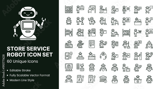 Store service robot icon set with smart retail assistant automation technology symbols for mobile apps websites dashboards and digital platforms