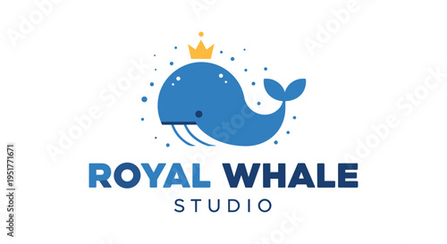 Royal Whale Studio logo with blue whale and gold crown in cartoon style for entertainment branding