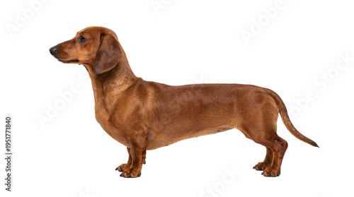 Profile view of a beautiful brown short-haired dachshund dog standing, isolated on a transparent background, purebred canine pet PNG for animal-themed designs