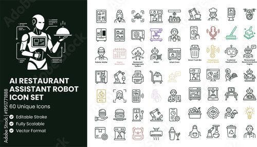 AI restaurant assistant robot icon set with smart service automation technology symbols for mobile apps websites dashboards and digital platforms
