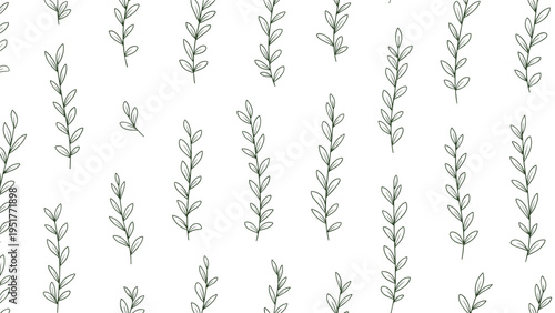 Delicate seamless pattern displays many thin green branches with small leaves vertically arranged on a clean white background.