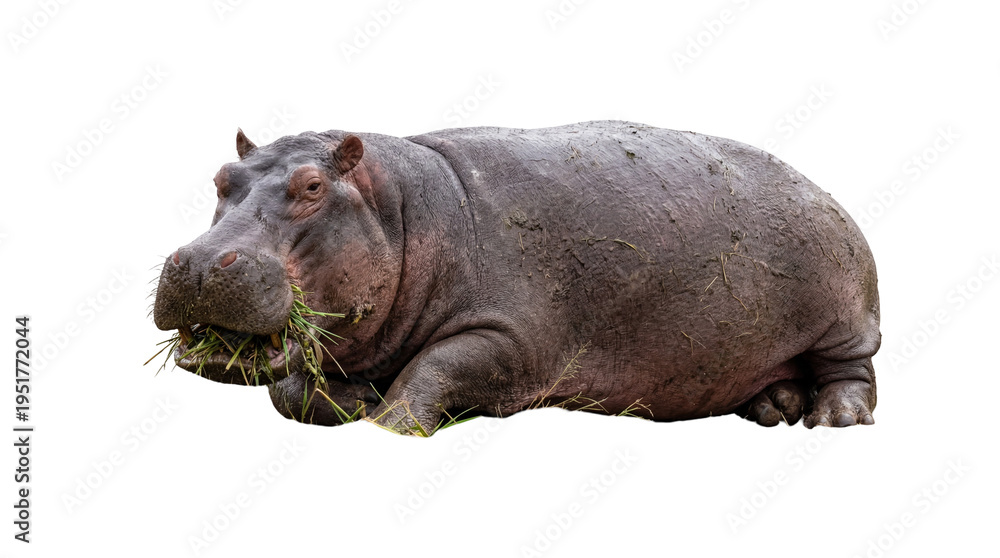 Obraz premium Massive adult hippopotamus, a large African mammal, peacefully lying down and eating fresh green grass, isolated on transparent background PNG