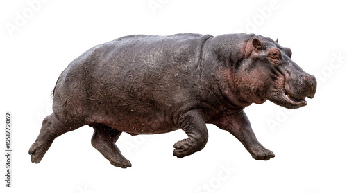 Photography Powerful adult hippopotamus running with muddy skin, isolated PNG on transparent
