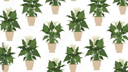 Elegant seamless pattern features many white calla lily plants growing in beige ceramic pots on a solid white background.